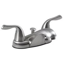 Project Source Brushed Nickel 2-Handle 4-in Centerset WaterSense Bathroom Sink Faucet With Drain