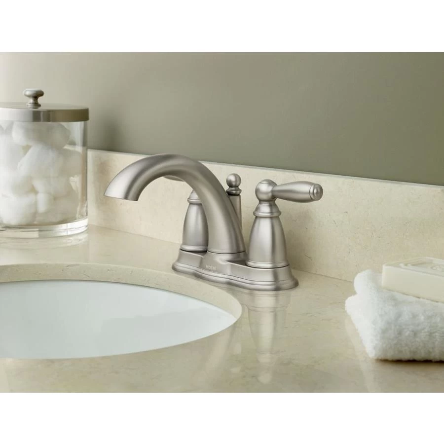 Moen Brantford Brushed Nickel 2-handle 4-in Centerset WaterSense Bathroom Sink Faucet With Drain 3 Moen Brantford Brushed Nickel 2-handle 4-in Centerset WaterSense Bathroom Sink Faucet With Drain