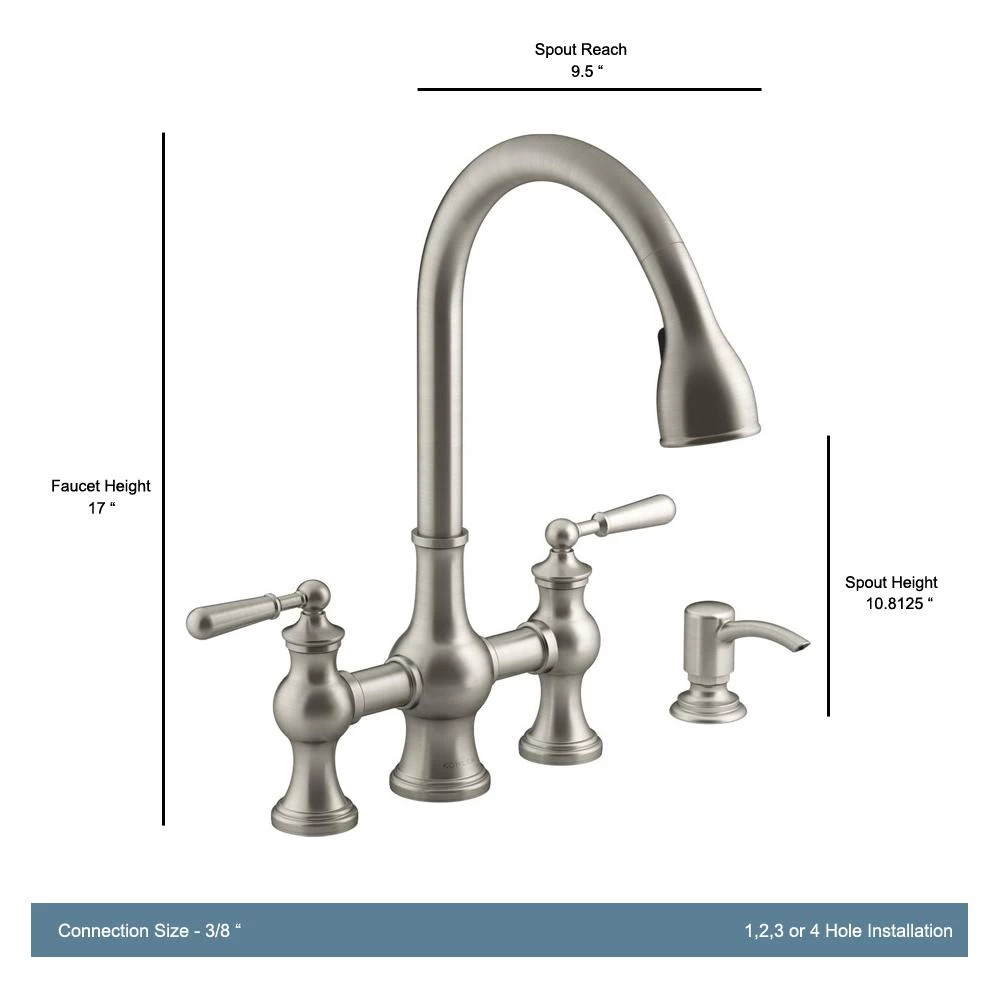 Capilano 2-Handle Bridge Farmhouse Pull-Down Kitchen Faucet With Soap Dispenser And Sweep Spray In Vibrant Stainless 5 Capilano 2-Handle Bridge Farmhouse Pull-Down Kitchen Faucet With Soap Dispenser And Sweep Spray In Vibrant Stainless - Image 3