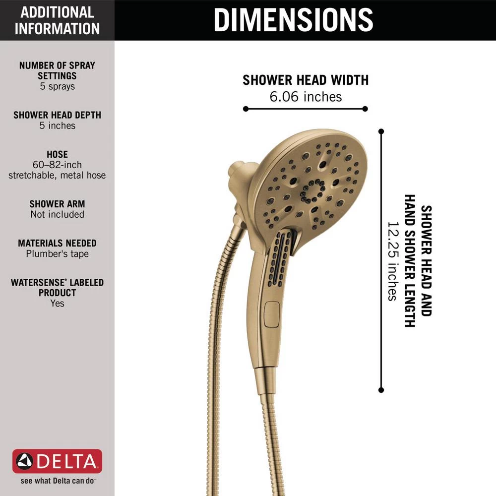 In2ition 5-Spray 6.06 In. Wall Mount Dual Shower Heads With H2Okinetic Technology In Champagne Bronze 5 In2ition 5-Spray 6.06 In. Wall Mount Dual Shower Heads With H2Okinetic Technology In Champagne Bronze - Image 3