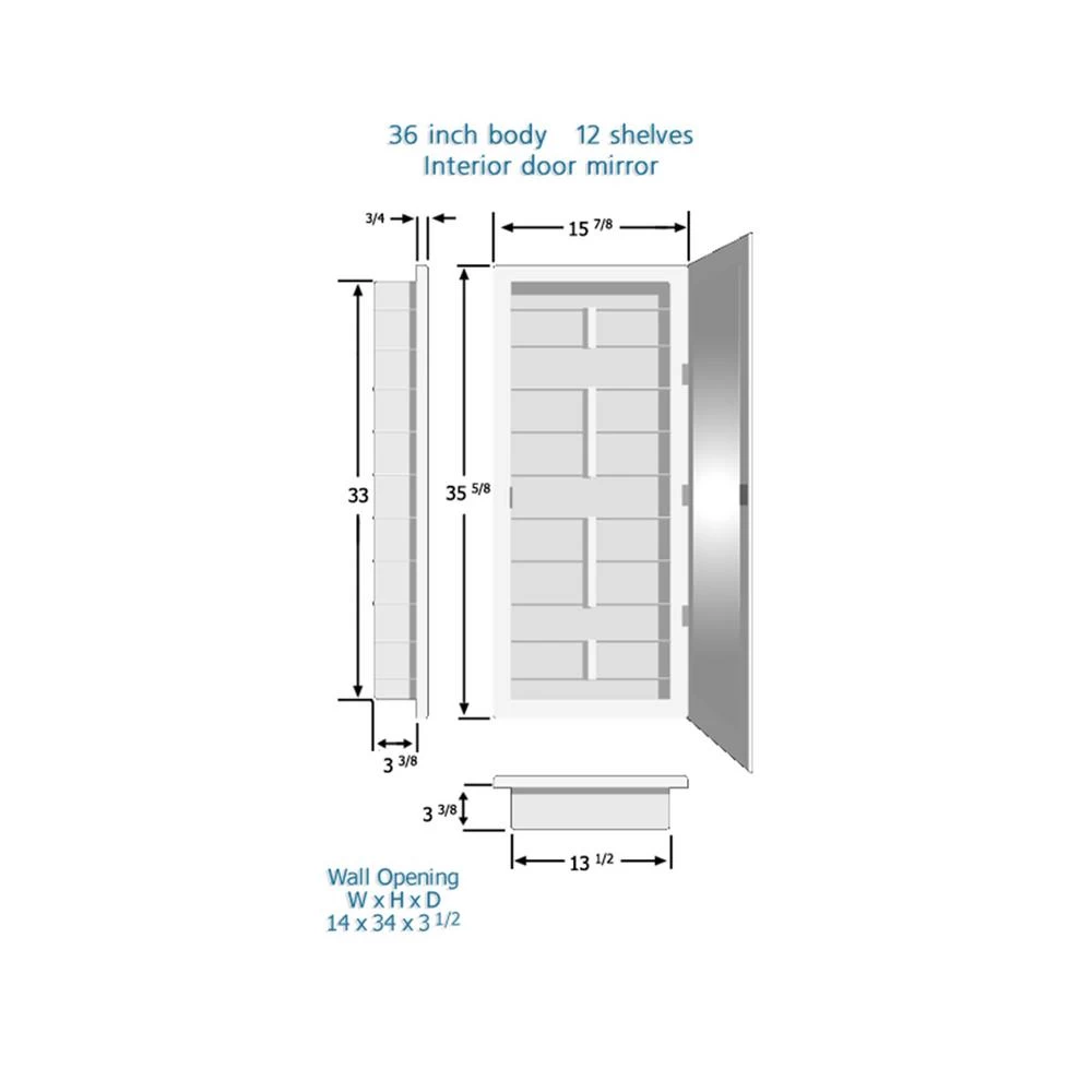 Media 16 In. X 36 In. X 3-1/2 In. Frameless Recessed 1-Door Medicine Cabinet With 12-Shelves And Polished Edge Mirror 8 Media 16 In. X 36 In. X 3-1/2 In. Frameless Recessed 1-Door Medicine Cabinet With 12-Shelves And Polished Edge Mirror - Image 6