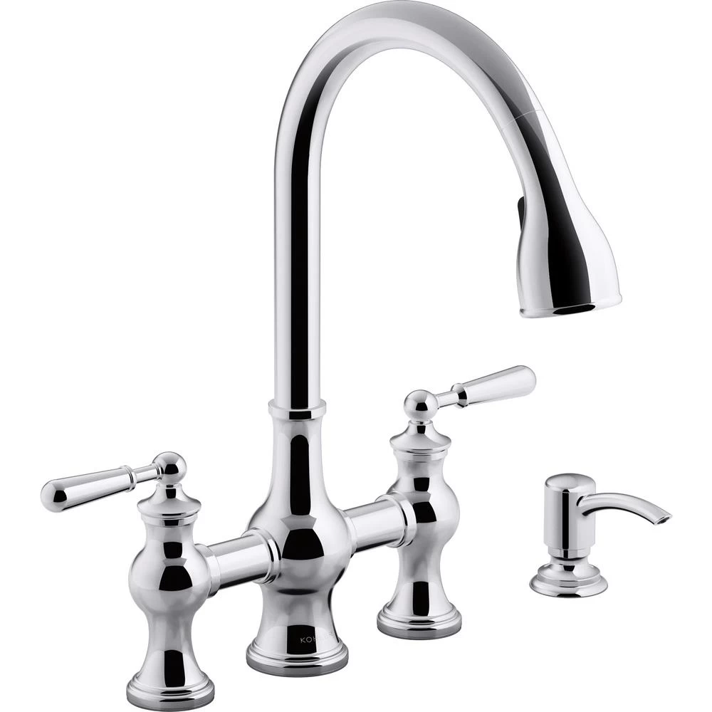 Capilano 2-Handle Bridge Farmhouse Pull-Down Kitchen Faucet With Soap Dispenser And Sweep Spray In Vibrant Stainless 12 Capilano 2-Handle Bridge Farmhouse Pull-Down Kitchen Faucet With Soap Dispenser And Sweep Spray In Vibrant Stainless - Image 10