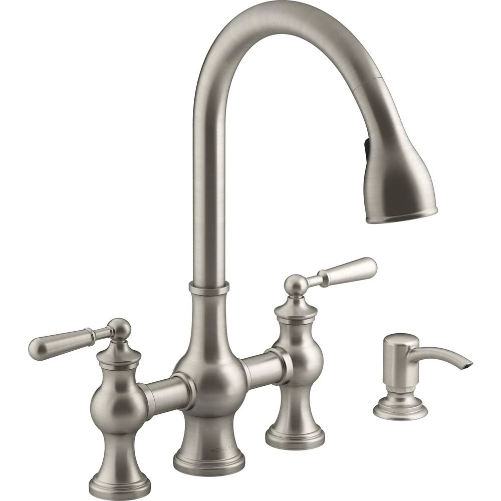 Capilano 2-Handle Bridge Farmhouse Pull-Down Kitchen Faucet With Soap Dispenser And Sweep Spray In Vibrant Stainless 3 Capilano 2-Handle Bridge Farmhouse Pull-Down Kitchen Faucet With Soap Dispenser And Sweep Spray In Vibrant Stainless