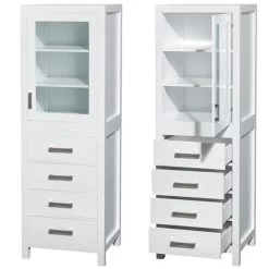 Wyndham Collection Sheffield 24"White Linen Tower With Shelved Cabinet Storage And 4 Drawers -Master Lock Store WC 1414 LT WHT CLOSEDANDOPEN 1800x1800