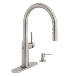 Upson Single-Handle Touchless Pull-Down Kitchen Faucet With TurboSpray And FastMount And Soap Dispenser In Stainless