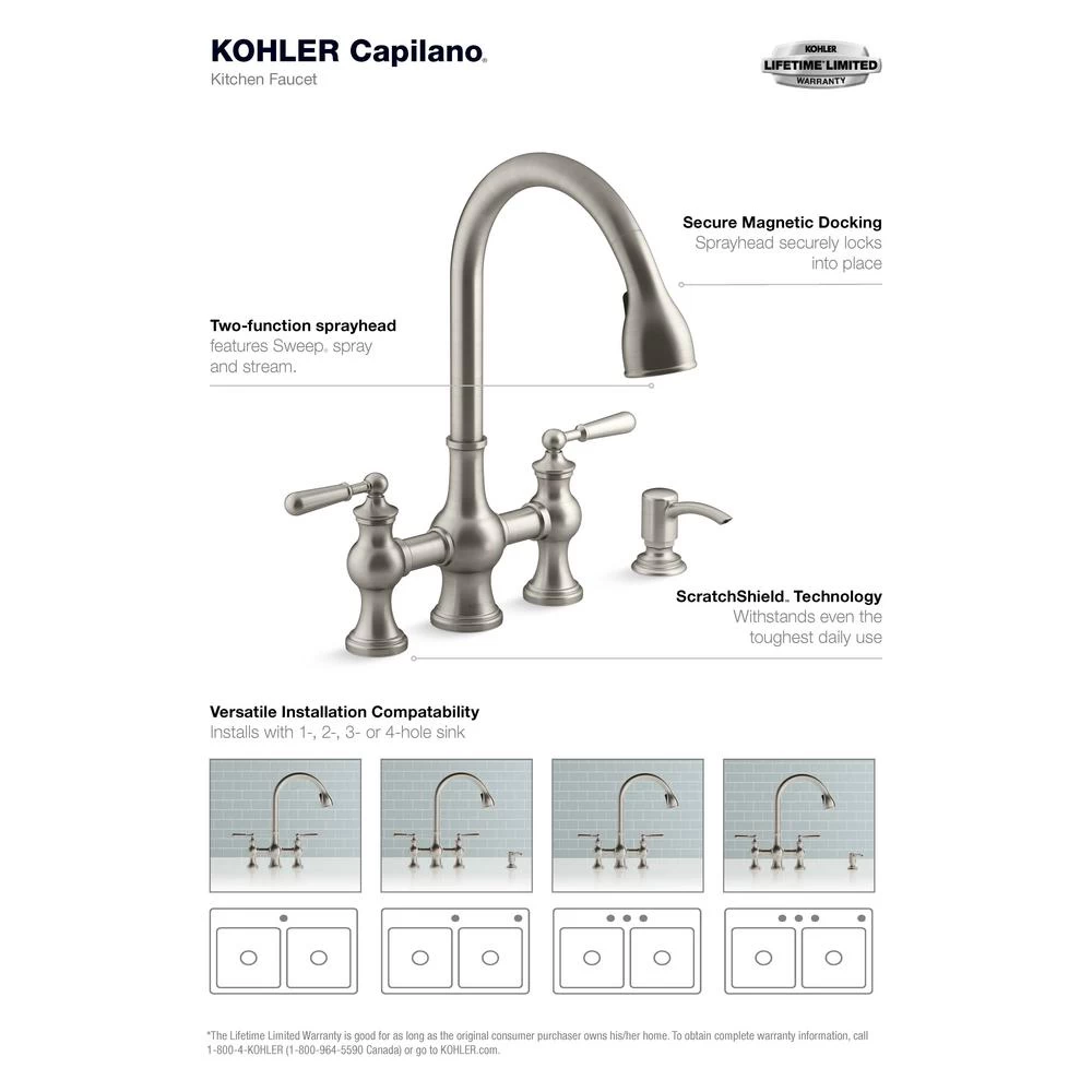 Capilano 2-Handle Bridge Farmhouse Pull-Down Kitchen Faucet With Soap Dispenser And Sweep Spray In Vibrant Stainless 6 Capilano 2-Handle Bridge Farmhouse Pull-Down Kitchen Faucet With Soap Dispenser And Sweep Spray In Vibrant Stainless - Image 4