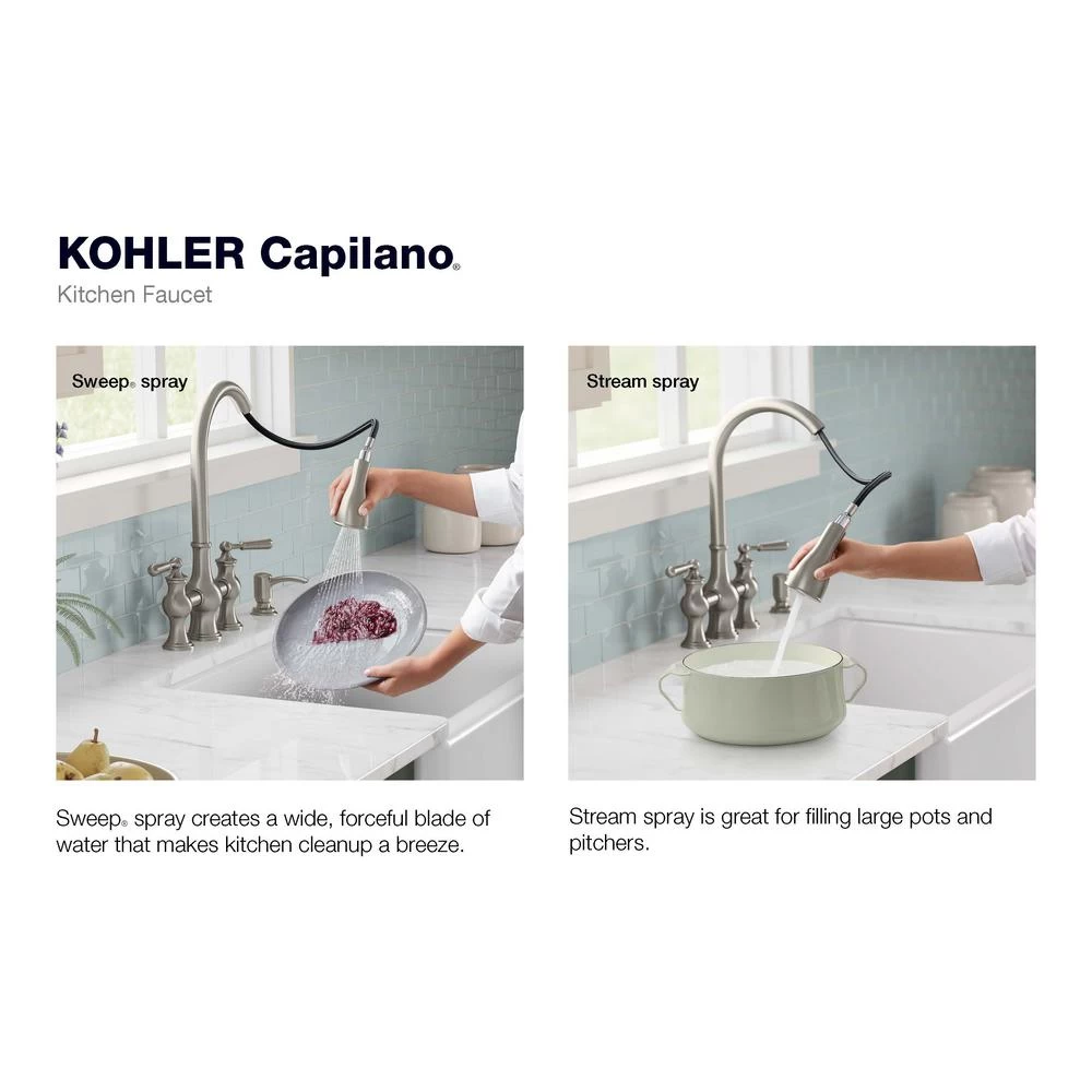 Capilano 2-Handle Bridge Farmhouse Pull-Down Kitchen Faucet With Soap Dispenser And Sweep Spray In Vibrant Stainless 8 Capilano 2-Handle Bridge Farmhouse Pull-Down Kitchen Faucet With Soap Dispenser And Sweep Spray In Vibrant Stainless - Image 6